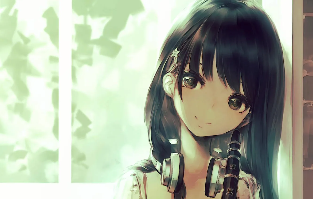 Photo wallpaper girl, headphones, flute, barrette