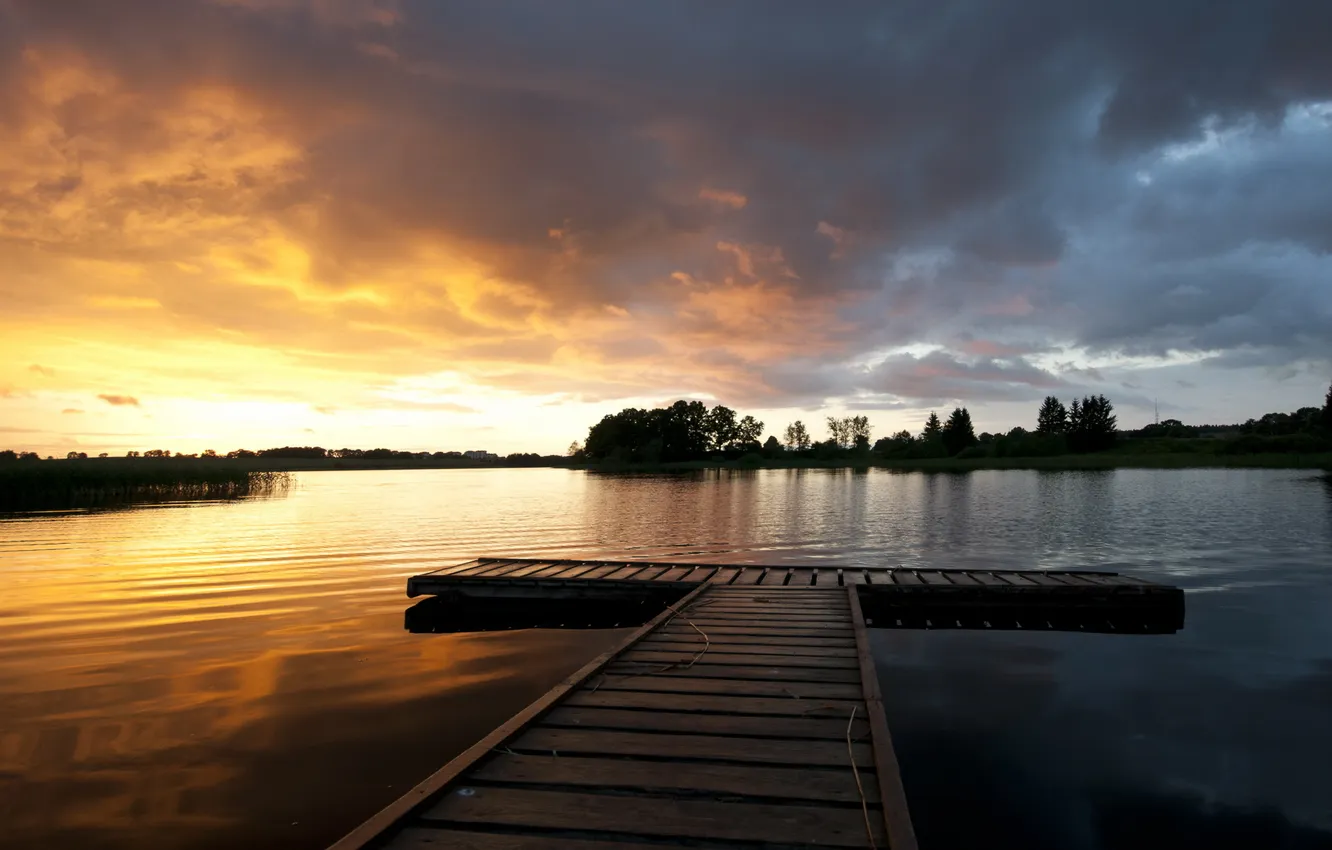 Photo wallpaper the sky, sunset, bridge, lake