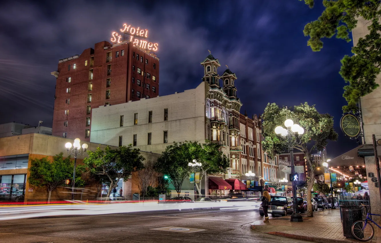 Photo wallpaper road, the city, street, home, USA, the hotel, California, evening.