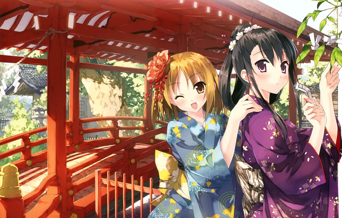 Photo wallpaper Japan, temple, kimono, wink, flower in hair, wooden bridge, two girls, Sunny day