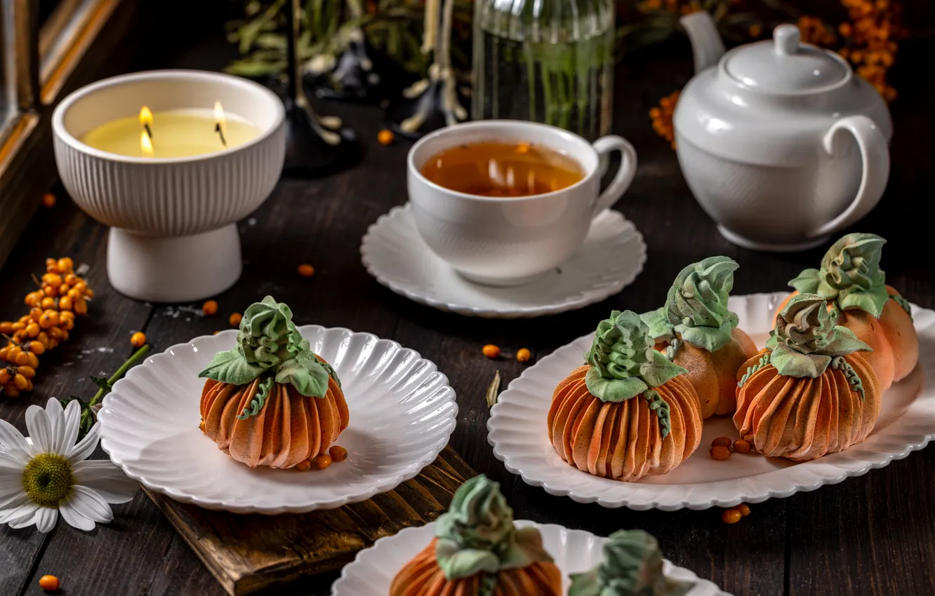 Photo wallpaper kettle, Cup, cake, dessert