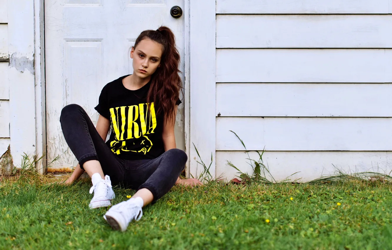 Photo wallpaper grass, girl, background, Wallpaper, the door, wallpaper, girl, grass