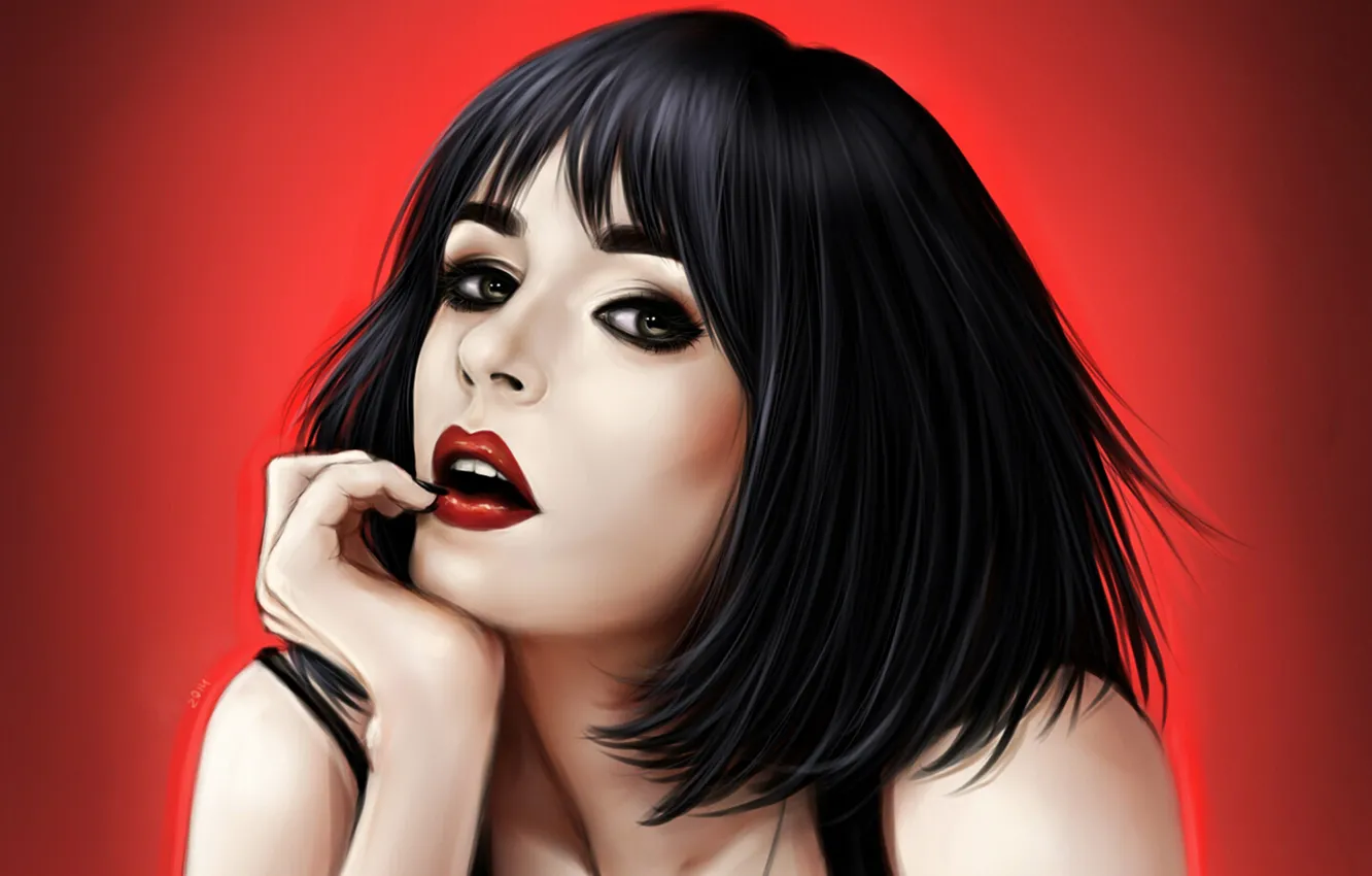 Photo wallpaper look, portrait, Girl, red background, red lips