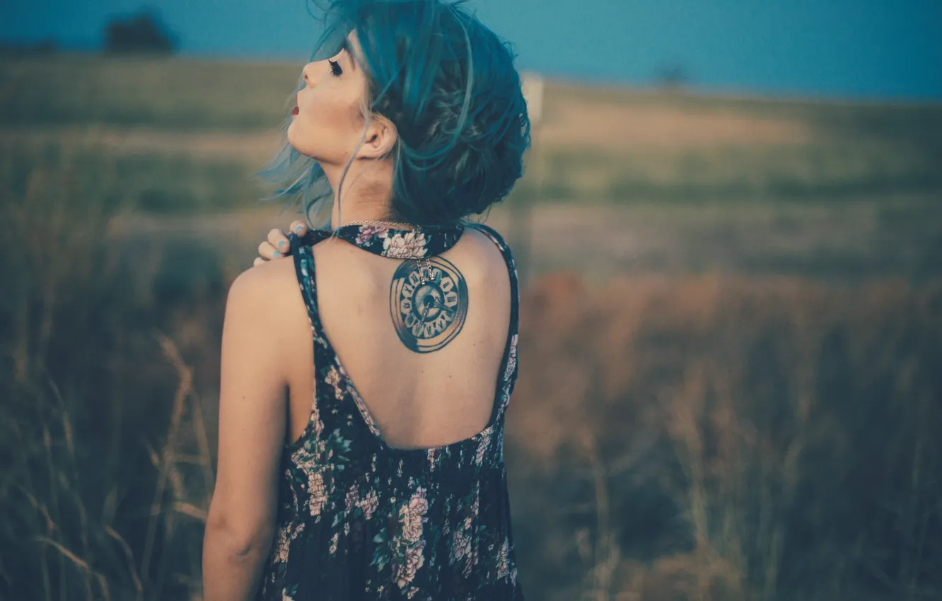 Photo wallpaper back, tattoo, tattoo, girl. blue hair