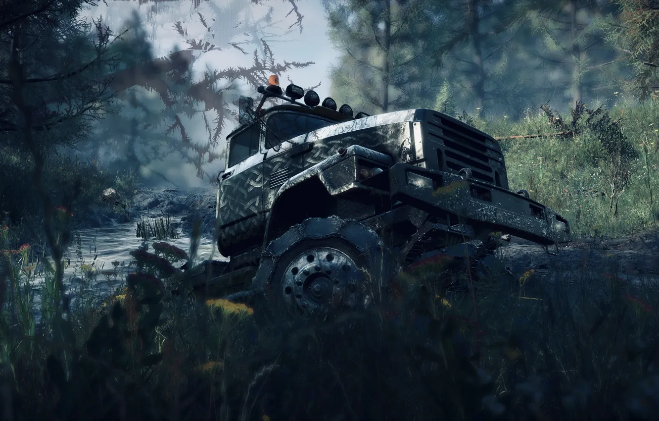 Photo wallpaper HDR, game, trees, wood, water, truck, chains, mud