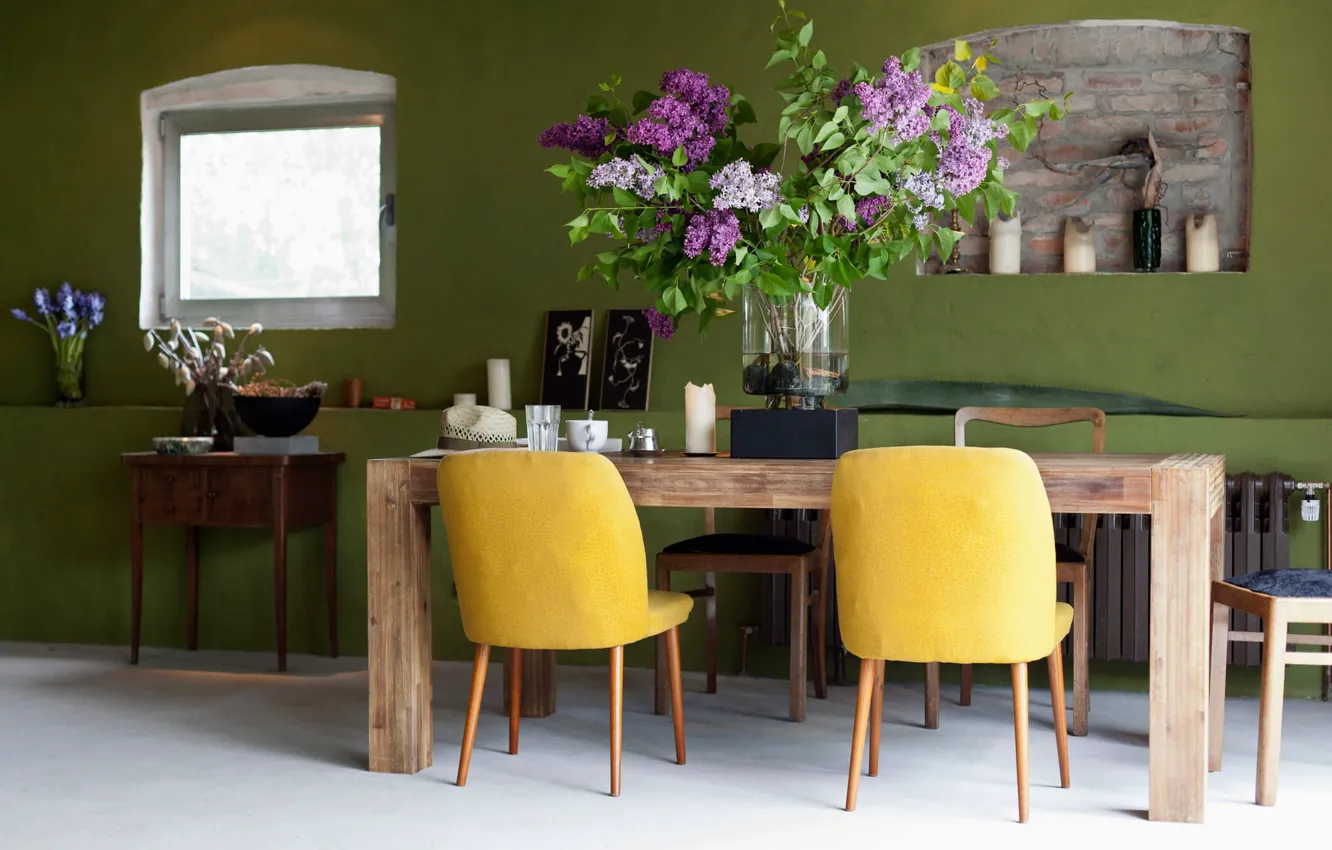 Photo wallpaper flowers, design, room, interior, dining room, green dining room