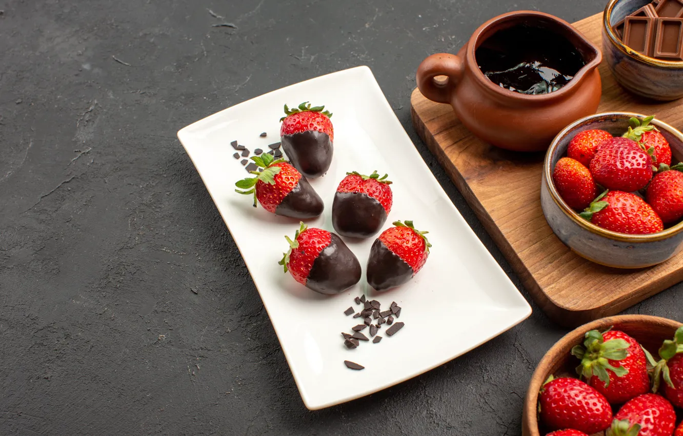 Photo wallpaper berries, background, chocolate, strawberry, plate, dishes, bowl, pitcher
