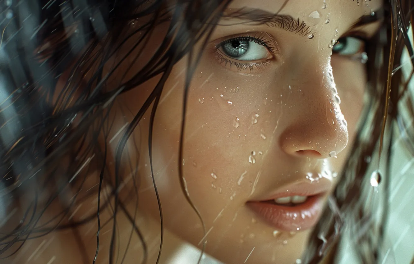 Photo wallpaper look, water, girl, drops, squirt, close-up, face, portrait