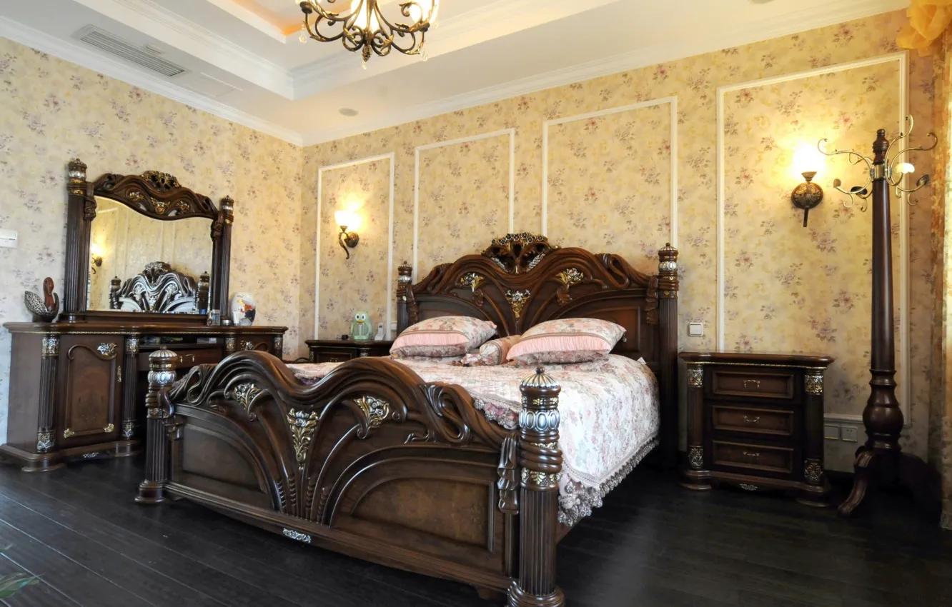 Photo wallpaper design, style, bed, interior, pillow, mirror, bedroom