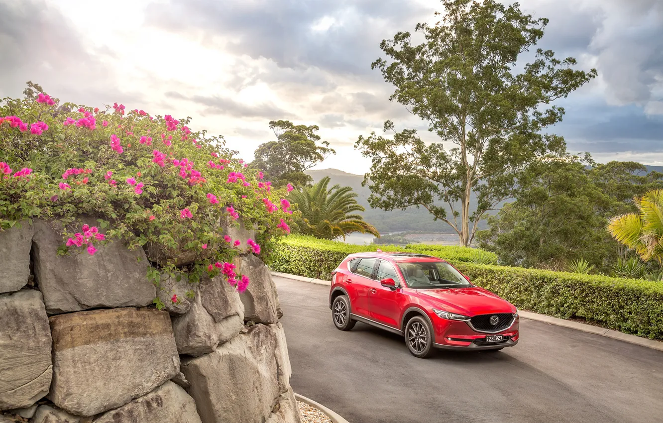 Photo wallpaper road, auto, flowers, red, Mazda, CX-5, Akera