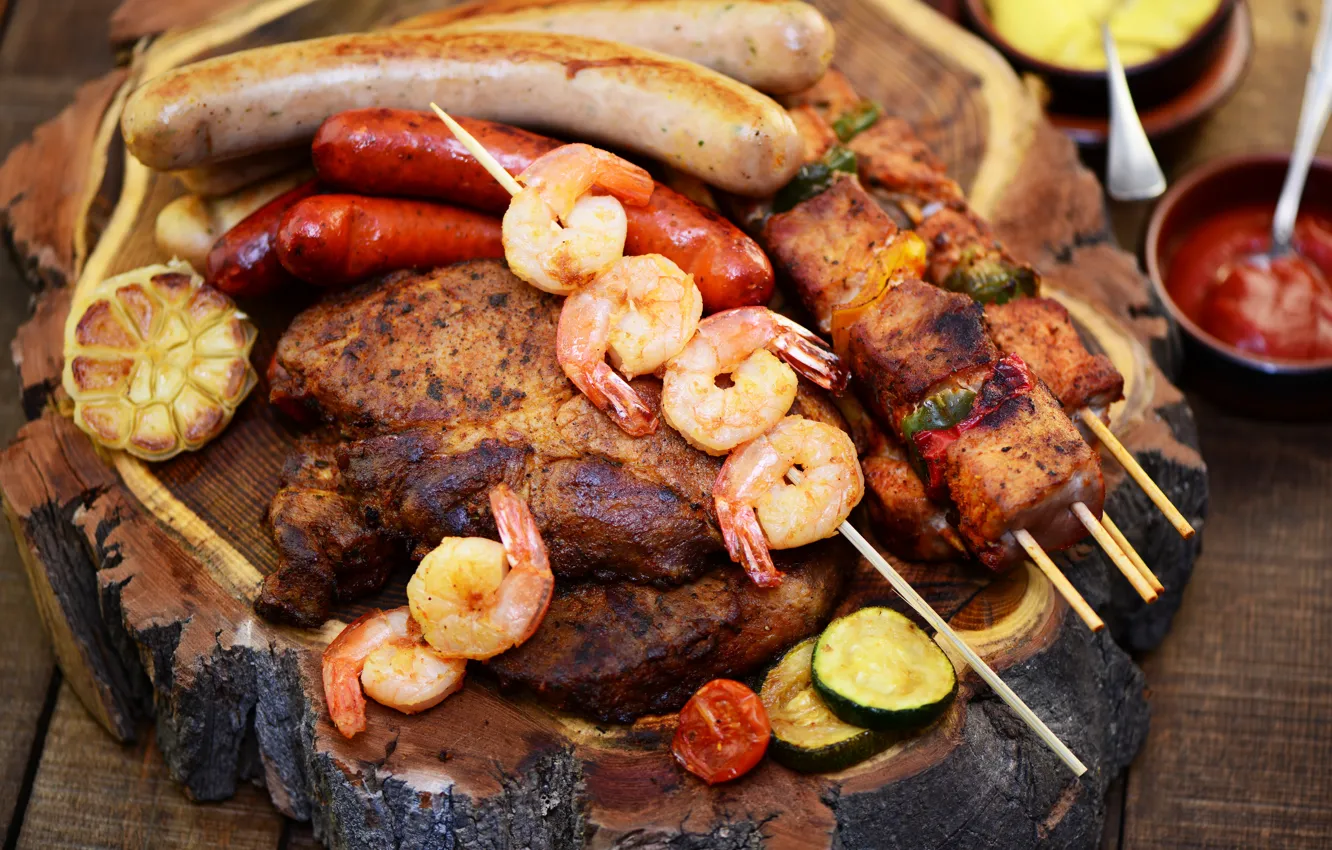 Photo wallpaper meat, vegetables, sauce, sausage, kebab, shrimp, meat, shrimp