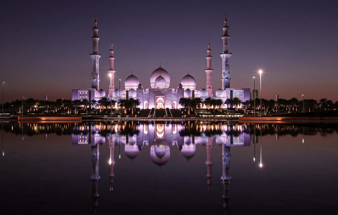 Photo wallpaper water, night, reflection, backlight, tower, architecture, UAE, dome