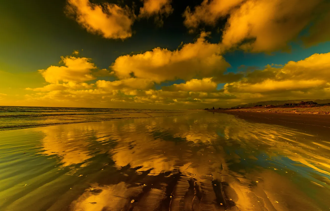 Photo wallpaper sea, the sky, clouds, reflection, coast, horizon