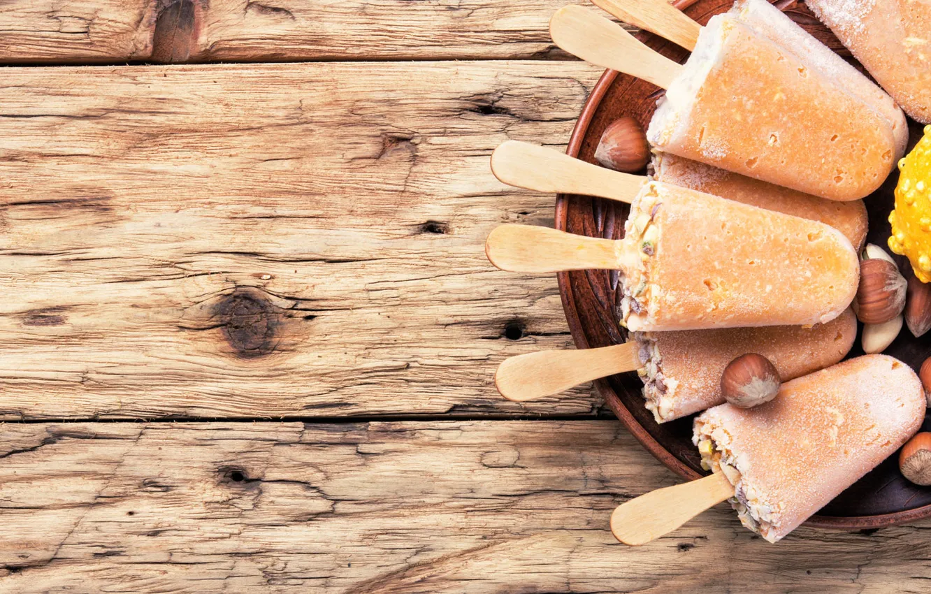 Photo wallpaper Board, plate, ice cream, nuts, a lot, dessert, Popsicle, hazelnuts