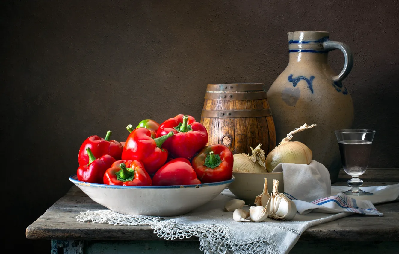 Photo wallpaper red, the dark background, table, dishes, pepper, still life, items, composition