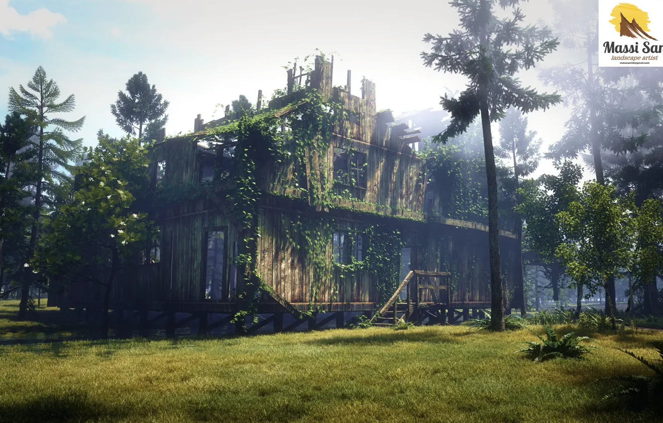 Photo wallpaper forest, glade, vegetation, structure, Old house