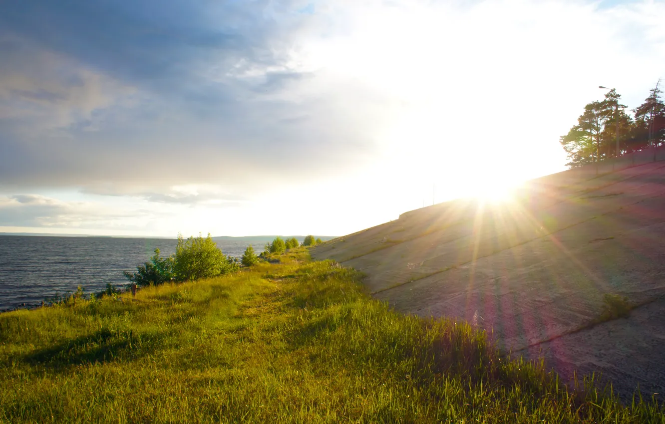 Photo wallpaper beach, summer, the sun, rays, Volga, green grass