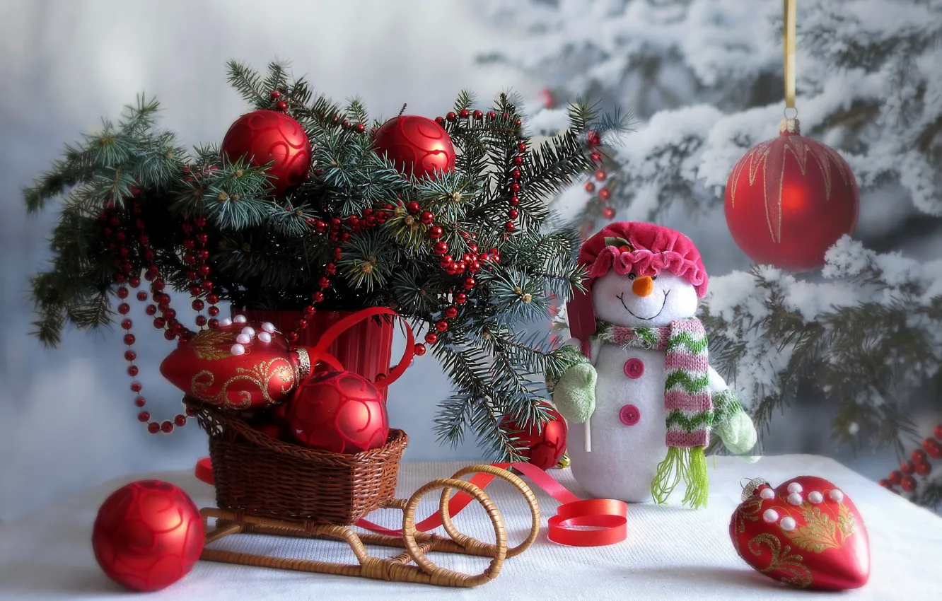 Photo wallpaper winter, snow, decoration, branches, table, holiday, toy, tree