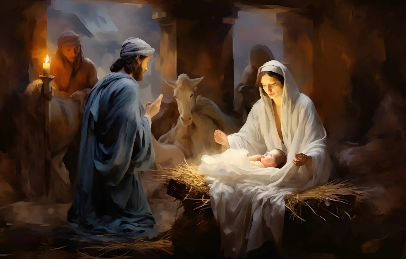 Photo wallpaper Jesus, Christmas, The Virgin Mary, digital art, The Adoration Of The Shepherds, Joseph, AI art, …