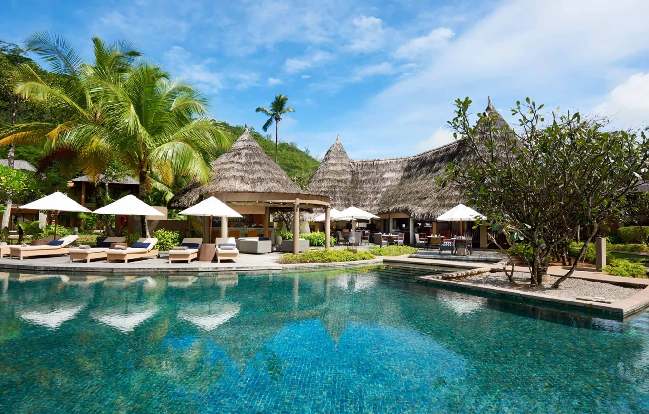 Photo wallpaper palm trees, pool, Seychelles, the hotel, Bungalow, Constance Ephelia Resort