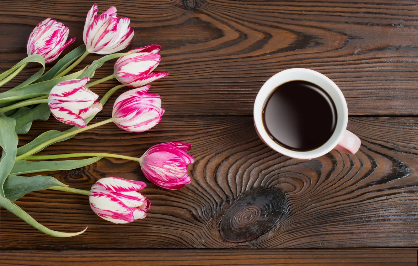 Photo wallpaper flowers, coffee, tulips