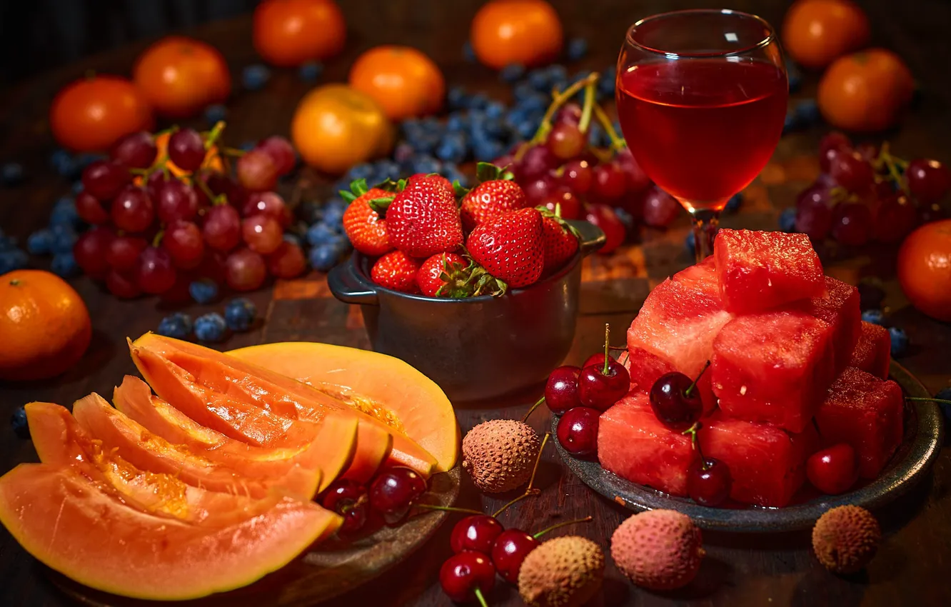 Photo wallpaper berries, wine, glass, watermelon, strawberry, grapes, fruit, cherry