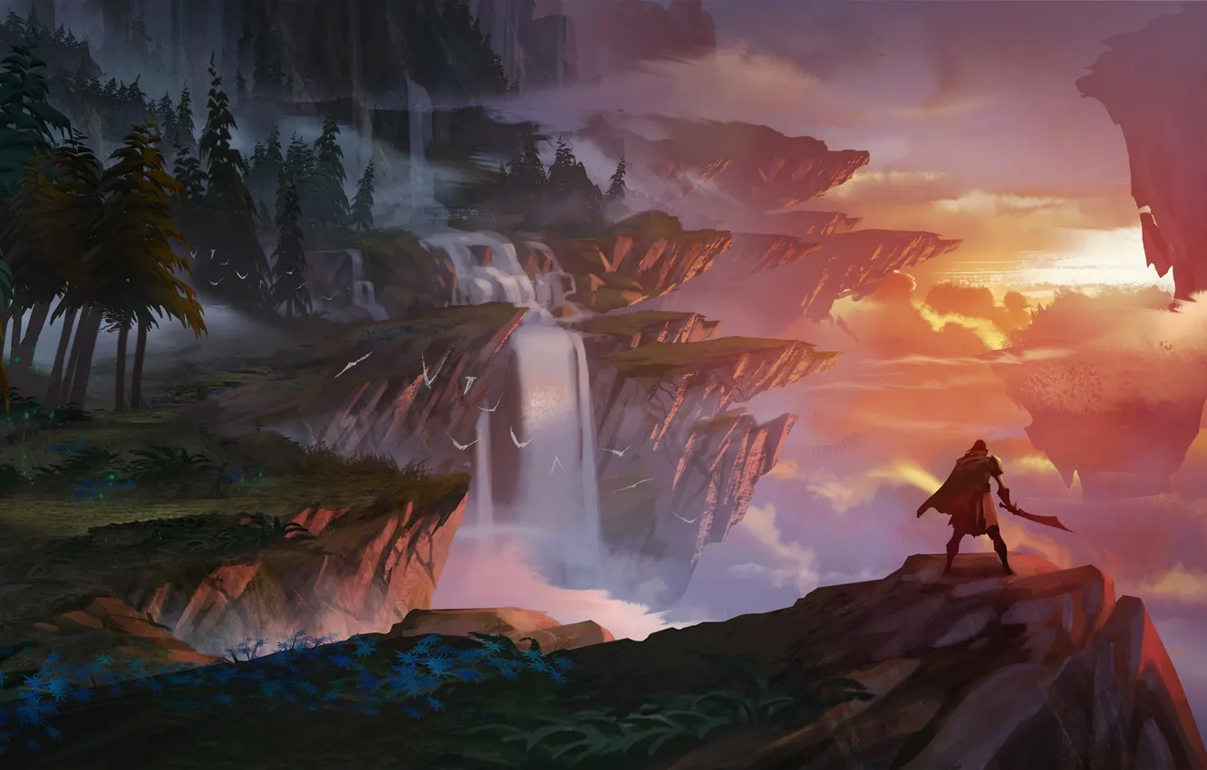 Photo wallpaper sword, fantasy, forest, twilight, river, sky, trees, landscape