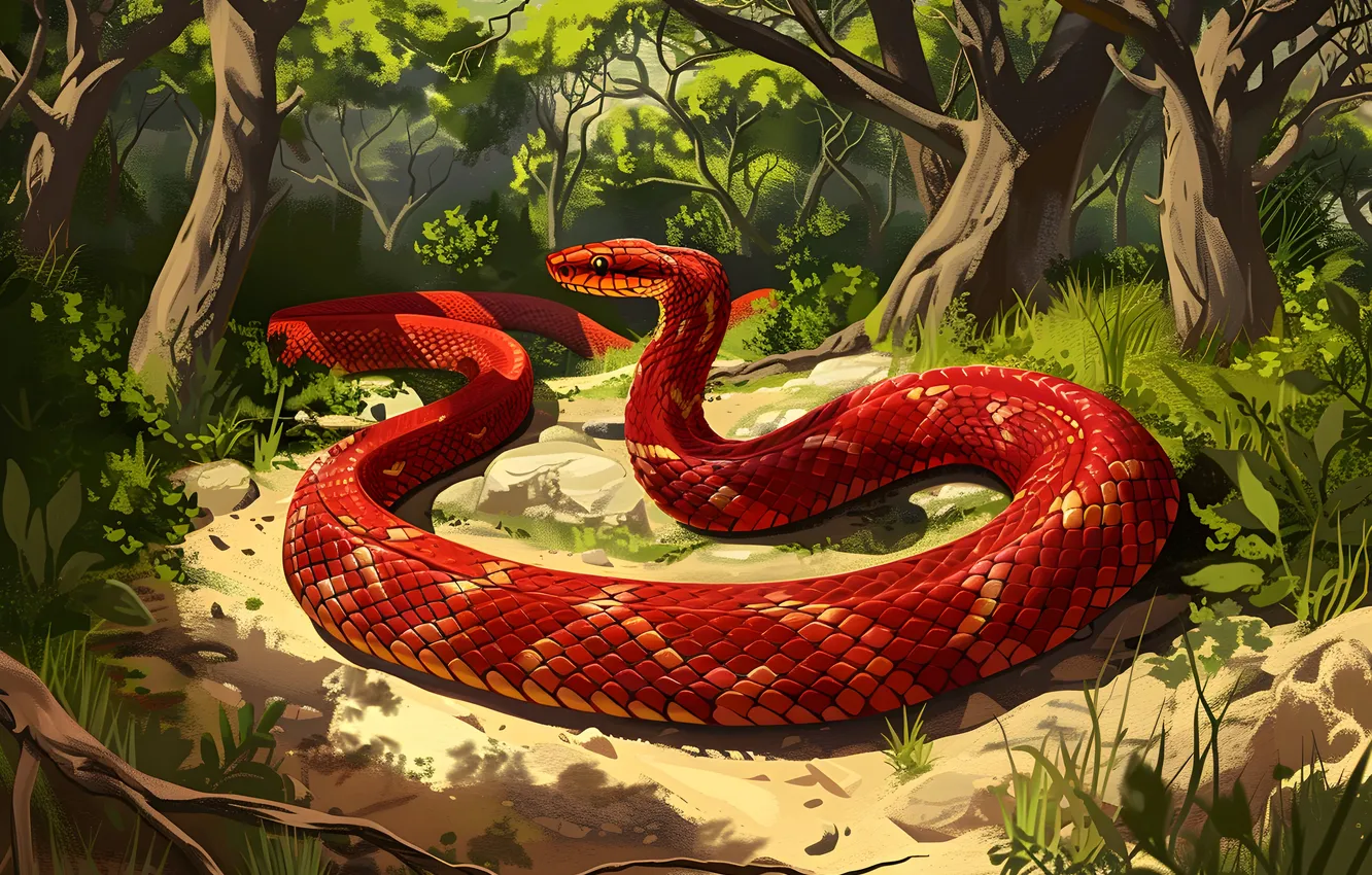 Photo wallpaper trees, animal, snake, art, reptile, digital art, imitation painting, AI art