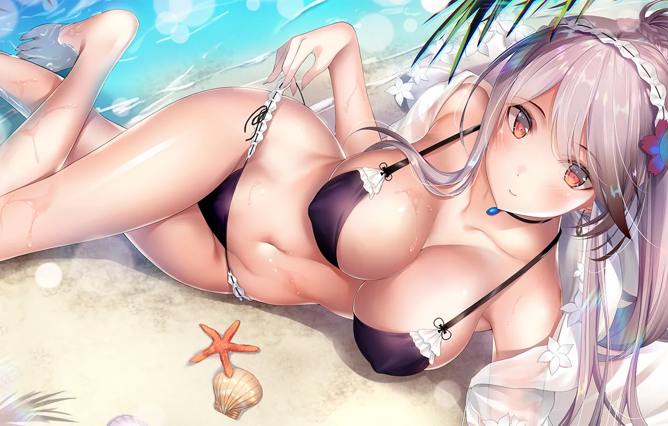 Photo wallpaper girl, sexy, cleavage, beach, long hair, sea, boobs, anime