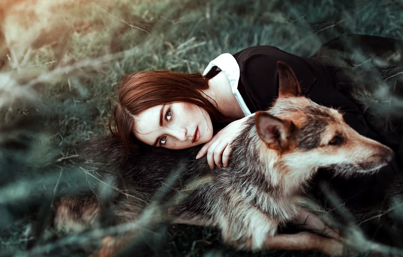 Photo wallpaper girl, mood, dog, friendship, Antonia Clio