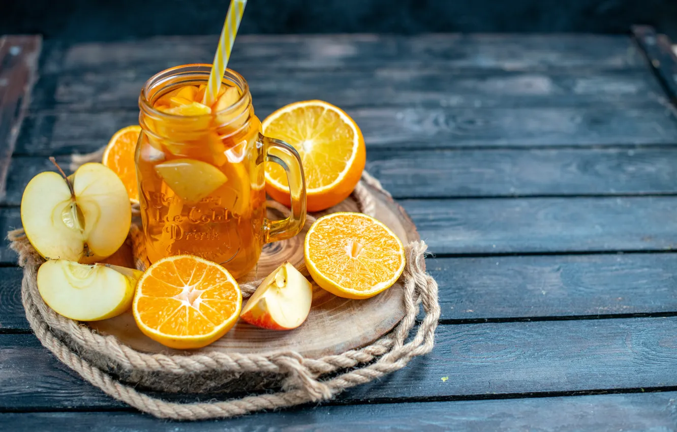 Photo wallpaper apples, Board, orange, rope, mug, Bank, drink, fruit