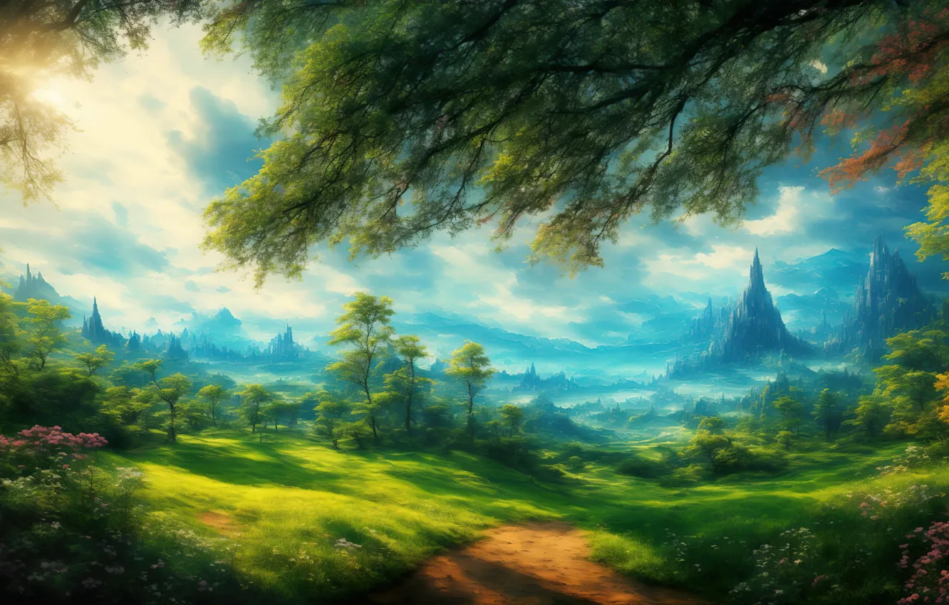 Photo wallpaper grass, sky, landscape, art, sun, digital art, fantasy art, ruin