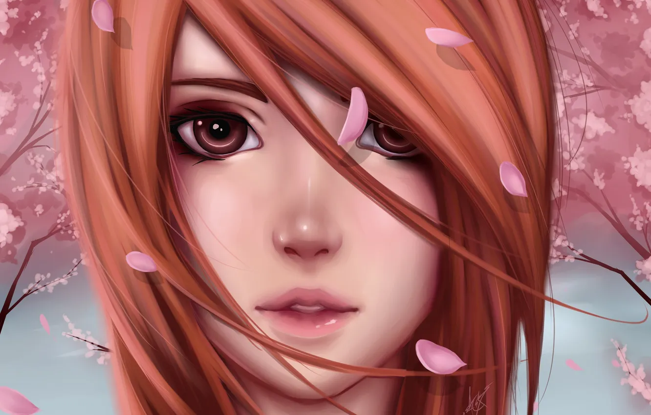 Photo wallpaper girl, face, petals, Sakura, art, red
