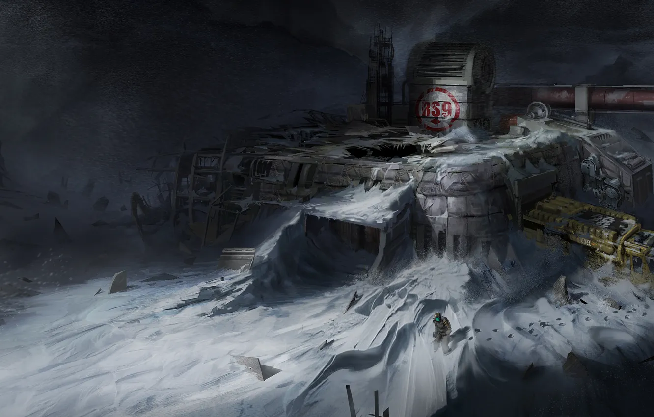 Photo wallpaper snow, planet, station, the suit, male, Blizzard, Concept Art, Dead Space 3