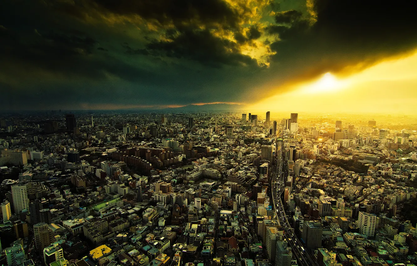 Photo wallpaper the sun, clouds, the city, megapolis