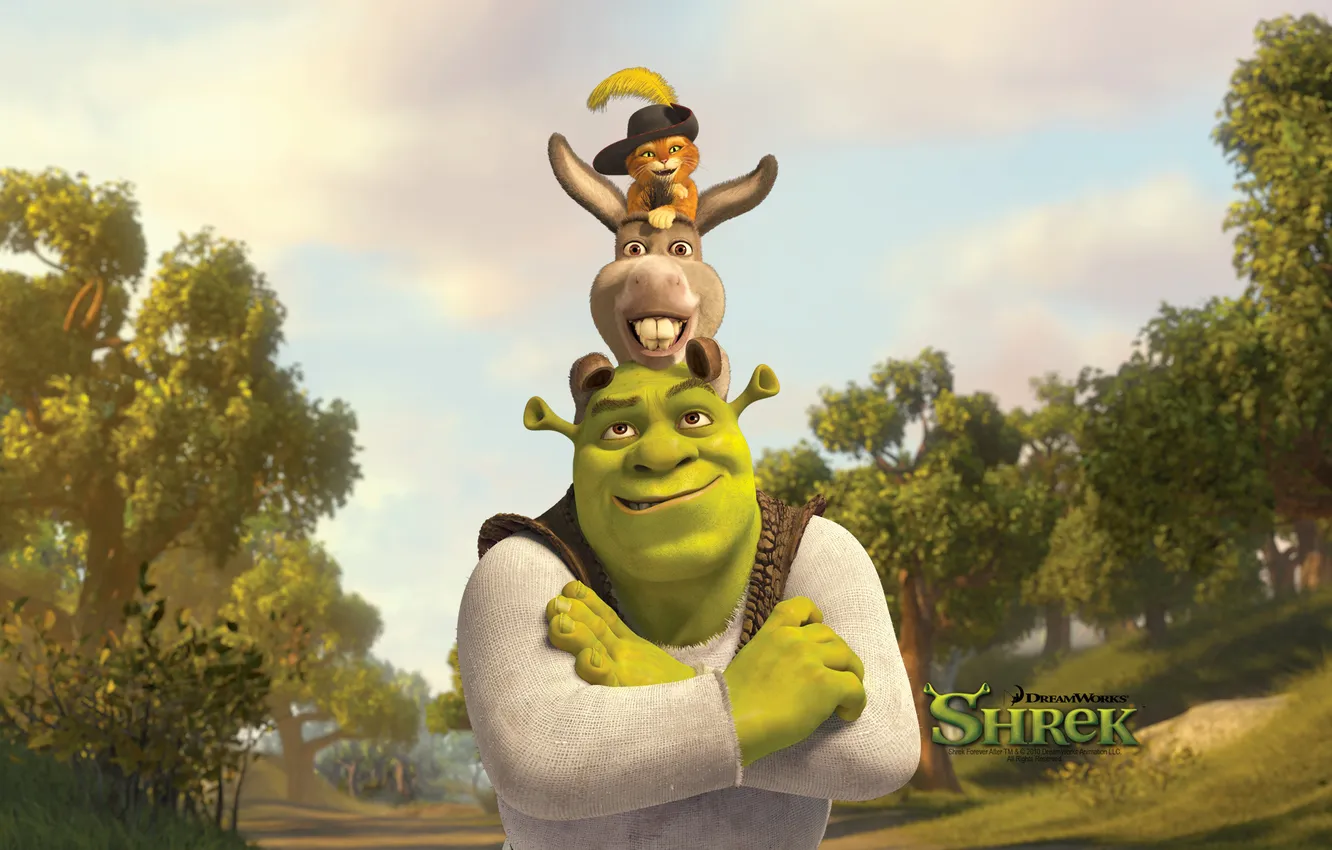 Photo wallpaper cat, Ogre, Shrek, cartoon, donkey