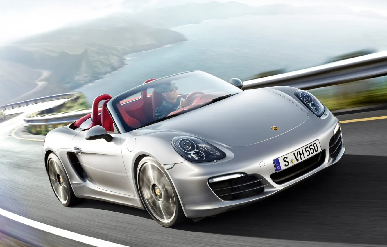 Photo wallpaper road, mountains, shore, Porsche, silver, Bay, sports car, Porsche