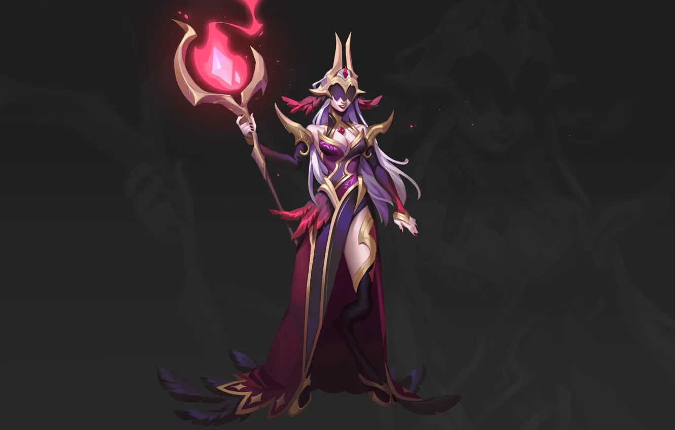 Photo wallpaper the dark background, magic, figure, staff, game, characters, lol, LoL