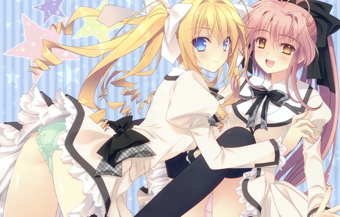 Photo wallpaper blue eyes, bow, friend, ruffles, pink hair, two girls