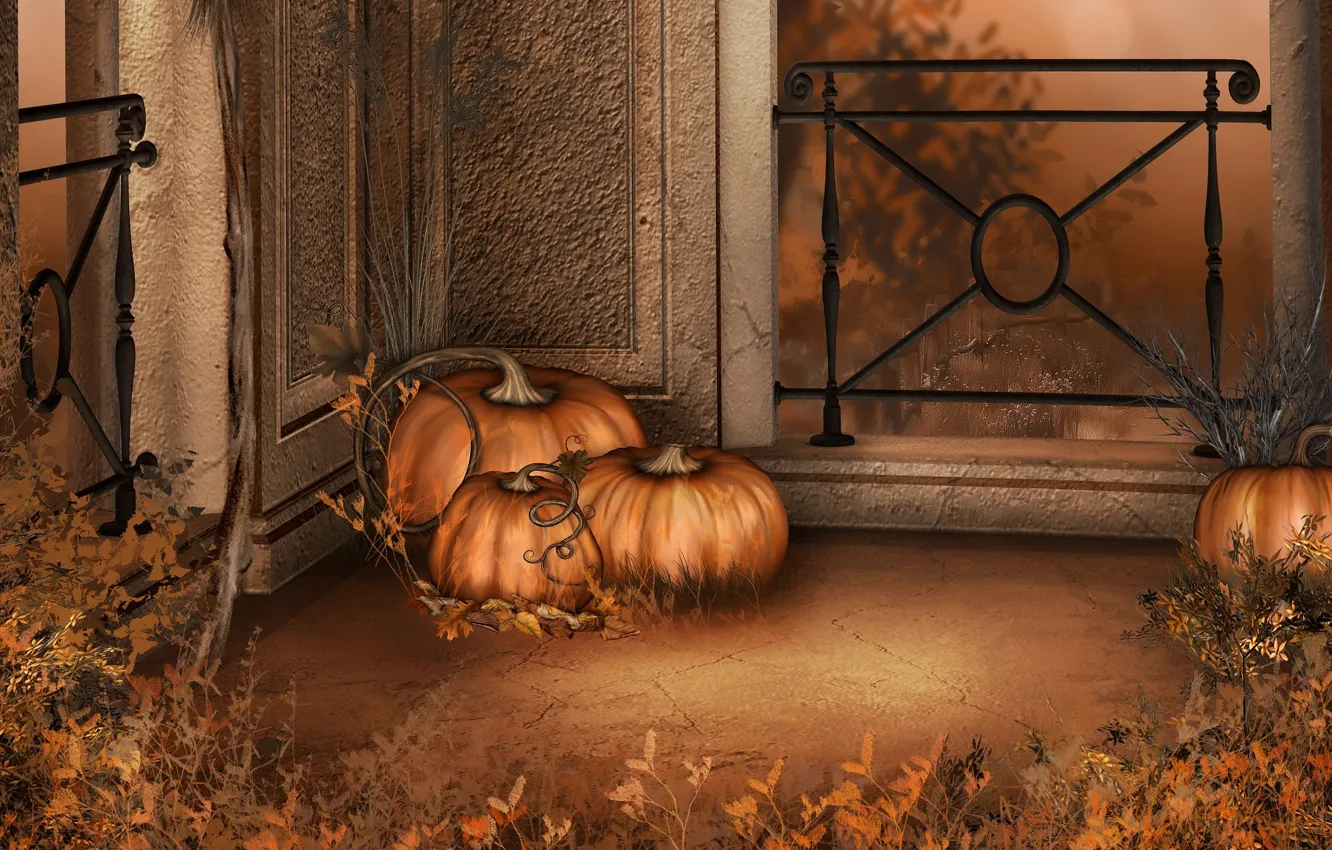 Photo wallpaper autumn, leaves, holiday, pumpkin, Halloween, balcony, Halloween, autumn