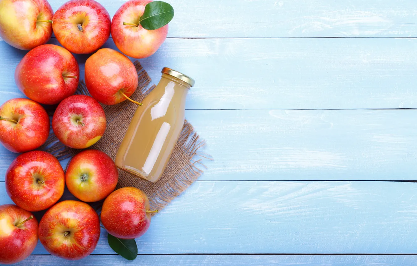 Photo wallpaper red, apples, Board, bottle, juice, blue background, napkin, Apple