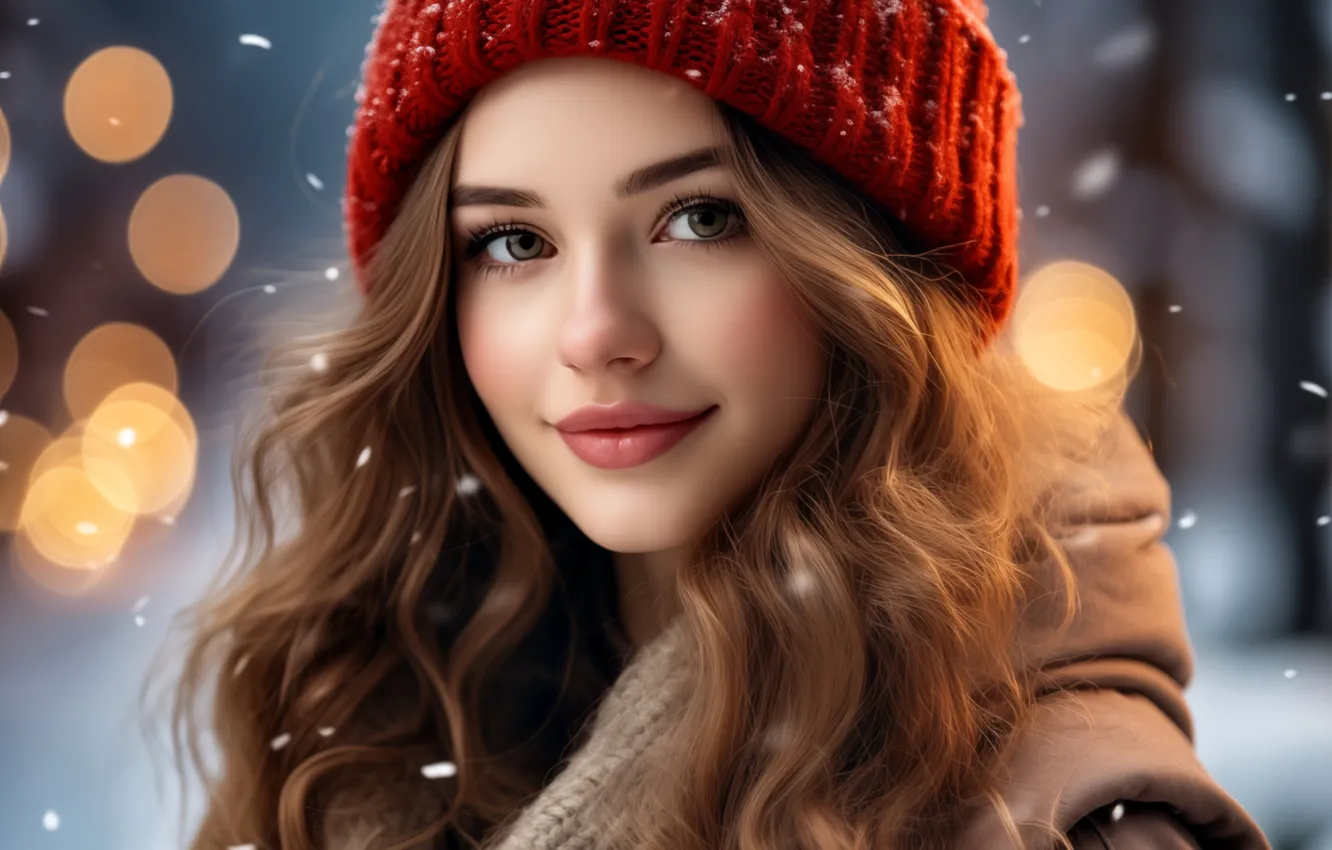 Photo wallpaper winter, look, girl, snow, smile, portrait, little red riding hood, scarf