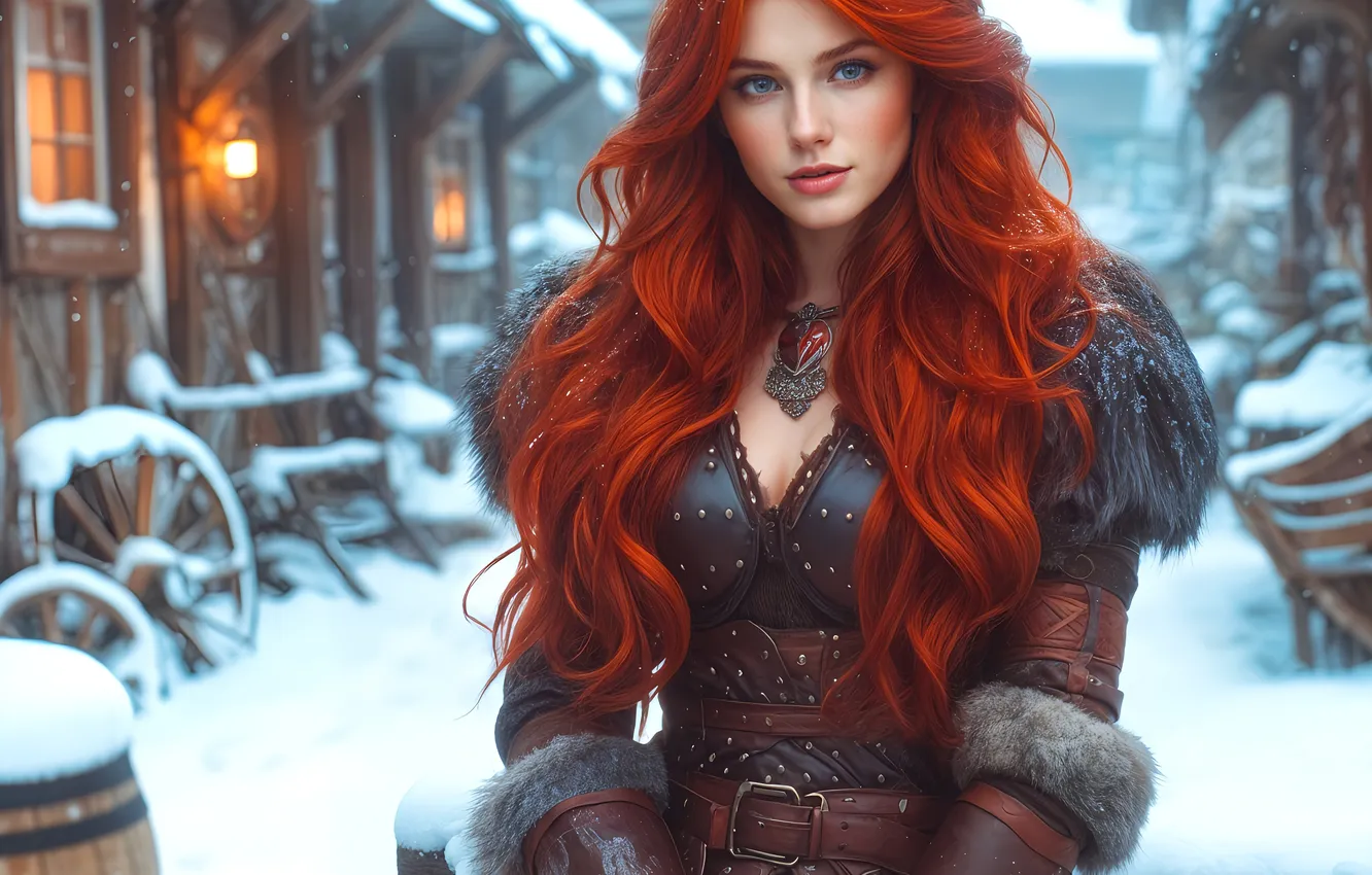 Photo wallpaper winter, chest, look, girl, light, snow, portrait, home