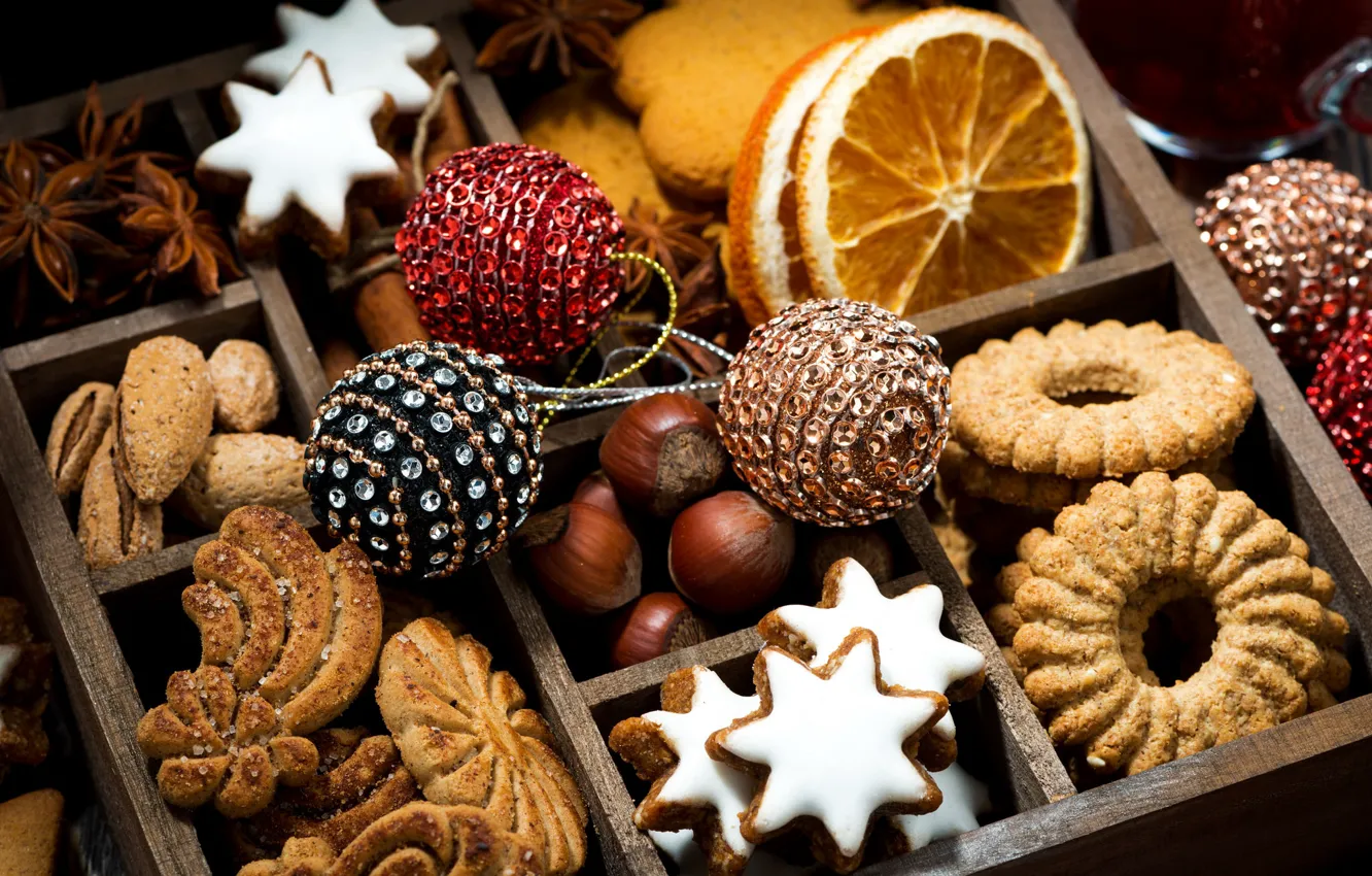 Photo wallpaper box, orange, cookies, nuts, cuts