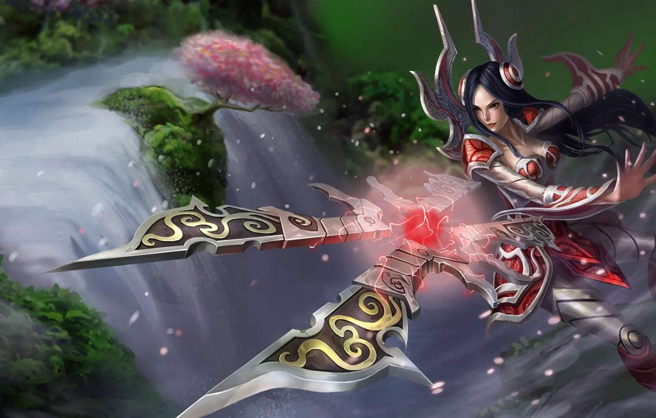 Photo wallpaper girl, squirt, weapons, tree, waterfall, league of legends, irelia