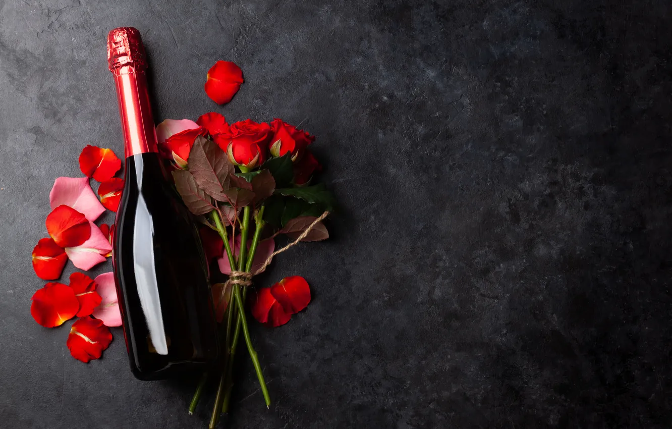 Photo wallpaper love, flowers, gift, wine, romance, bottle, roses, love