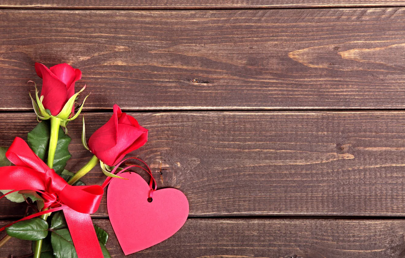 Photo wallpaper love, flowers, heart, roses, red, love, heart, wood
