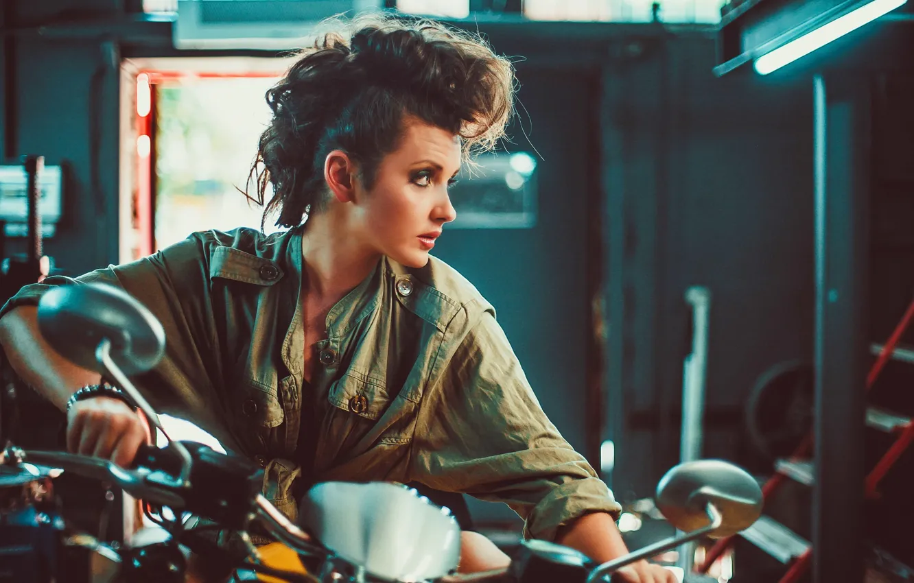 Photo wallpaper girl, garage, motorcycle, bike, biker