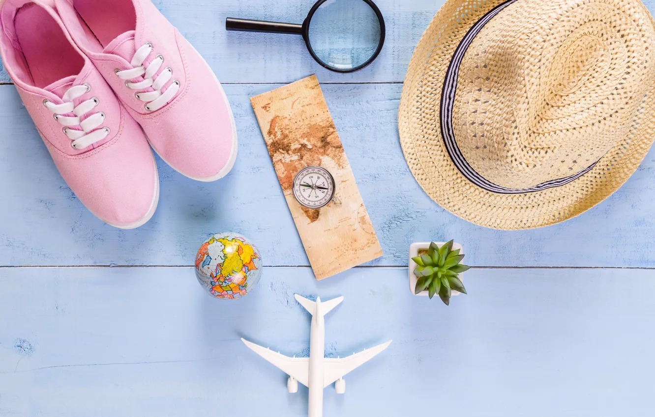 Photo wallpaper sea, stay, shoes, vacation, hat, the plane, magnifier
