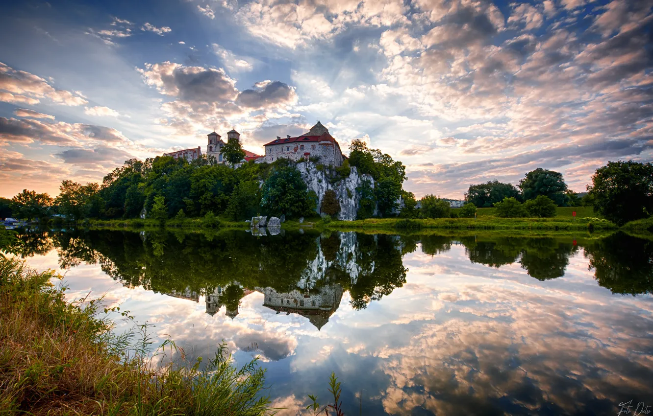 Photo wallpaper landscape, sunset, nature, reflection, river, shore, Poland, the monastery